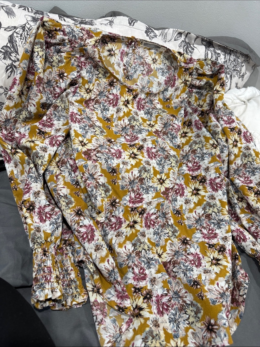 Pleione Mustard Floral Long-Sleeve Blouse